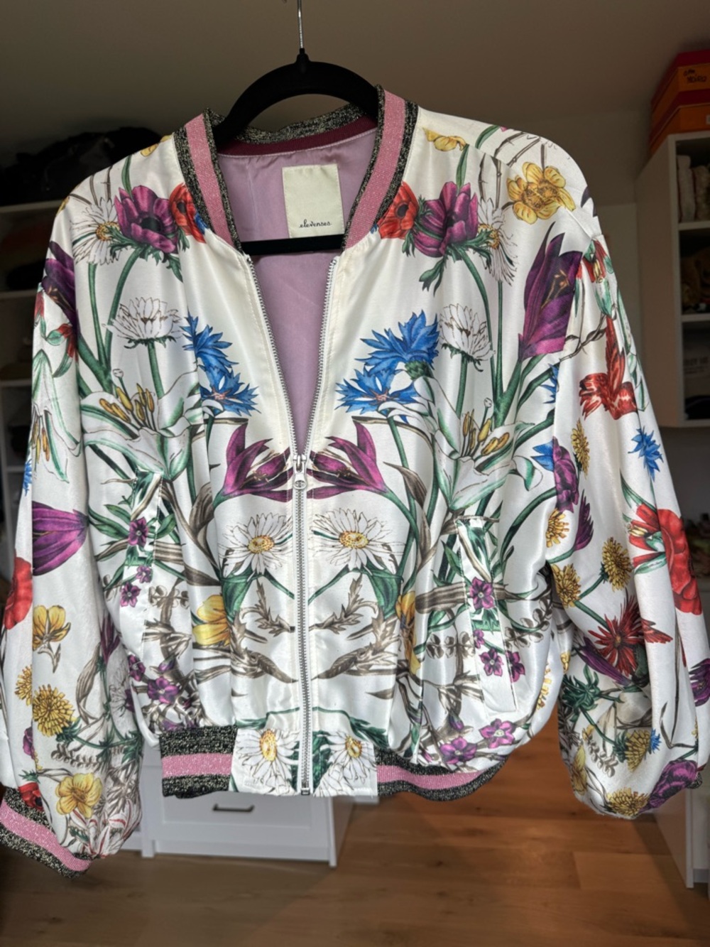 Anthropologie - Elevenses - White Floral Satin Bomber Jacket with sparkle trim